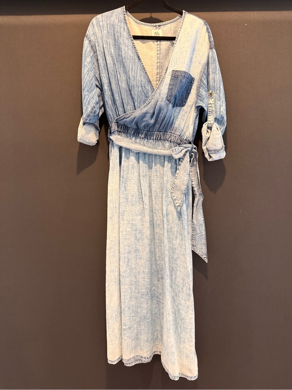 Light Wash Denim Maxi Wrap Dress with Pocket - Unbranded